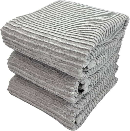 Serafina Home Light Grey Gray Kitchen Hand Dish Towels: Oversized 28" x 18", 100% Cotton Cloth Soft Cleaning Drying Absorbent Ribbed Design, Set of 3 Multipurpose for Everyday Use