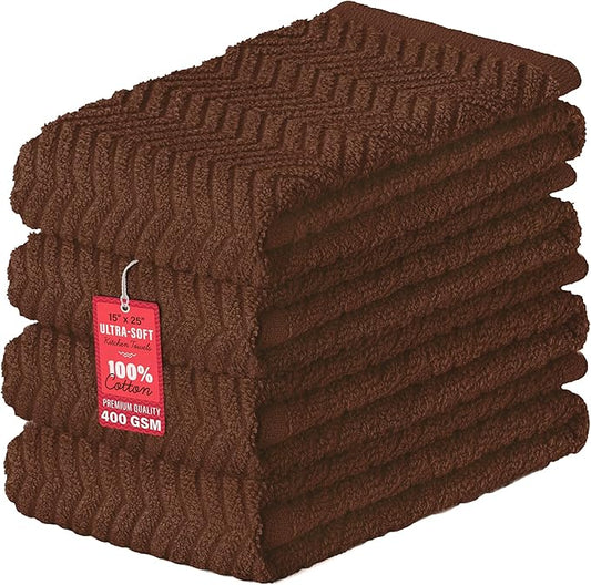 DecorRack 4 Pack Kitchen Towels, 100% Cotton Dish Towels, 15 x 25 Inch Absorbent Kitchen Towels for Drying Dishes, Hand Towels, Kitchen Cleaning Cloths, Coffee (Set of 4)
