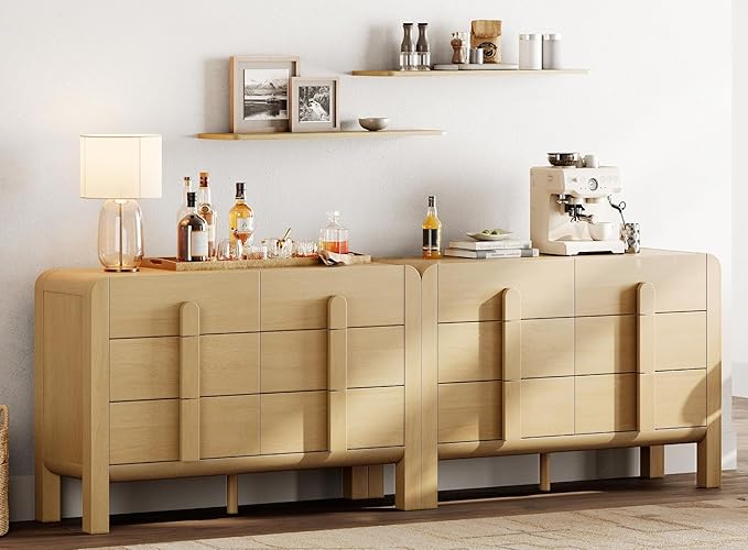 WAMPAT 94.4" W Buffet Cabinet with 12 Drawers, Modern Sideboard Buffet Cabinet with Storage, Buffet Table Coffee Bar Wine Bar Storage Cabinet for Dining Room, Living Room, Hallway, Oak