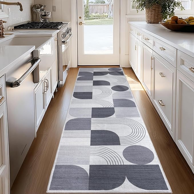 Machine Washable 2.7x8 Runner Rug, Soft Modern Geometric Abstract Grey Rugs for Bedroom Living Room, Non-Shedding Faux Wool Indoor Throw Floor Carpet for Office Entryway Dining Room Decor
