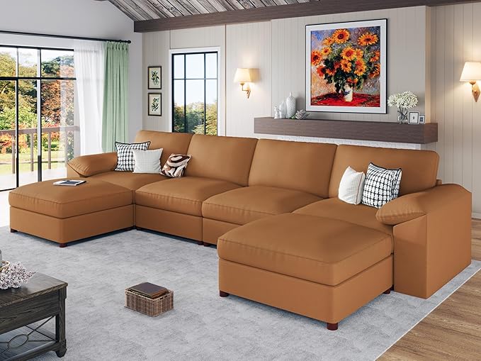 EASE MOOSE Brown Faux Leather Sectional Sofa,Leather Sectional Couch with Deep Seat,Extra Large U Shaped Couch,Oversized Modular Modern Scratch Resistant Sofas