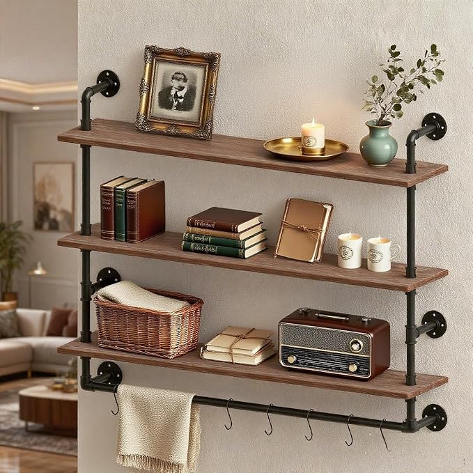 ROGMARS Industrial Floating Pipe Wall Shelves with Towel Rack,30 in Industrial Pipe Shelving Rustic Coffee Bar k Storage Wall Mounted Shelves for Living Room,Bathroom,Kitchen,Laundry Room