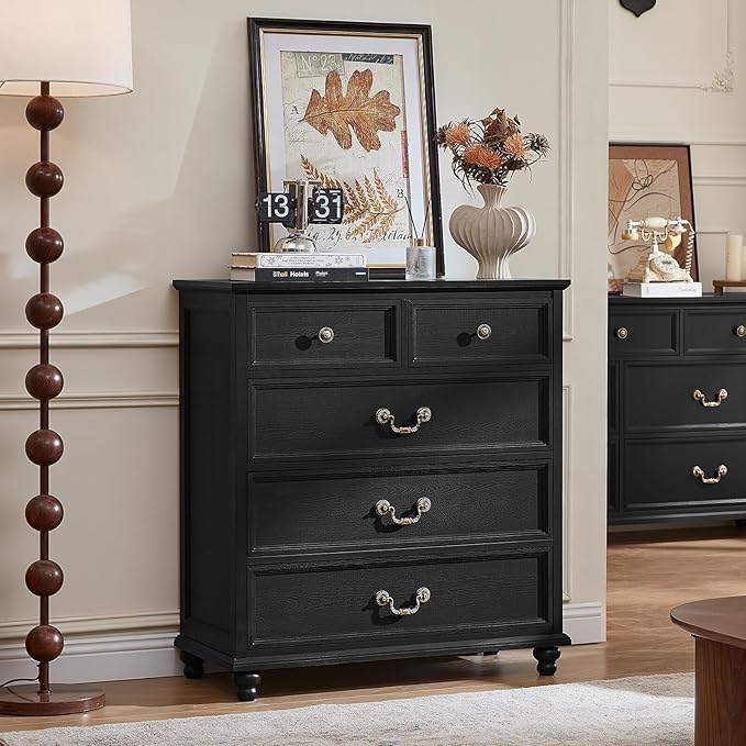 Farmhouse 5 Drawer Dresser for Bedroom, 35" Tall Rustic Chests of Drawers w/ 4 Solid Wood Feet, Mid Century Modern Wooden Closet Storage Dressers Organizer for Living Room, Hallway,Black