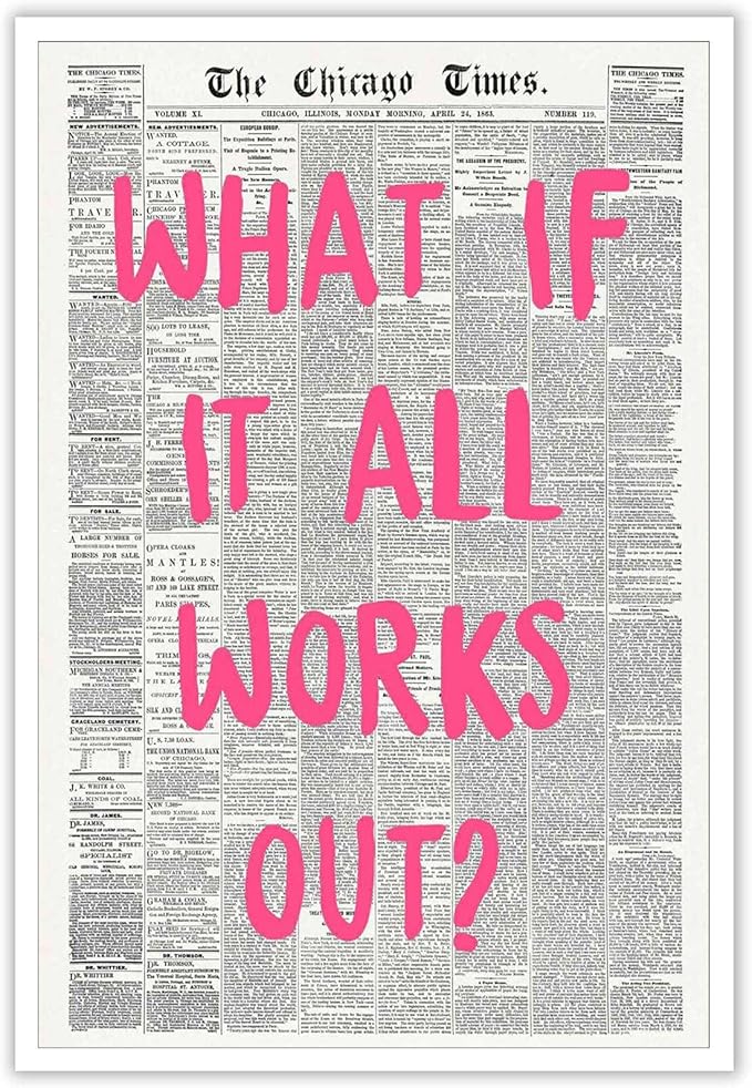 Drimiler What If It All Works Out Poster Retro Newspaper Pink Font Canvas Wall Art Positive Affirming Quote Minimalist Prints Painting For Home Bedroom Dorm Wall Decor 8x12in Unframed
