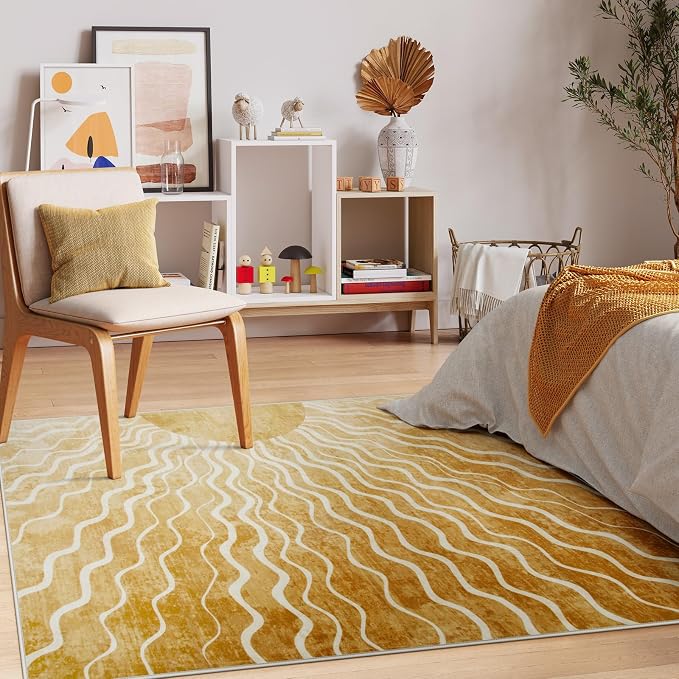 Wonnitar Sun Print Washable Area Rugs, 6x9 Rug for Kids Room Living Room, Gradient Yellow Soft Non Slip Sunshine Boho Ultra-Thin Carpet for Bedroom Classroom Playroom Nursery