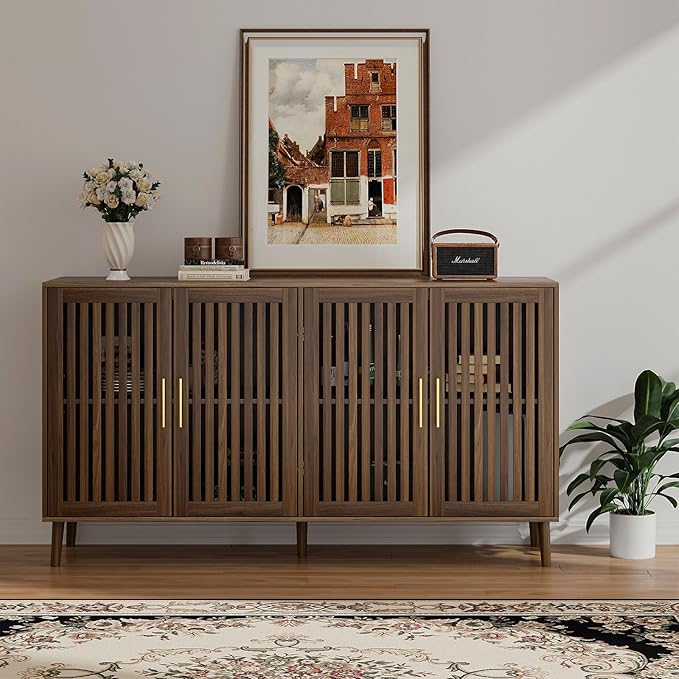 Buffet Cabinet with Storage, 63" Walnut Sideboard with Grille Doors&Adjustable Shelf, Wood Coffee Bar Storage Cabinet for Kitchen Living Room Entryway