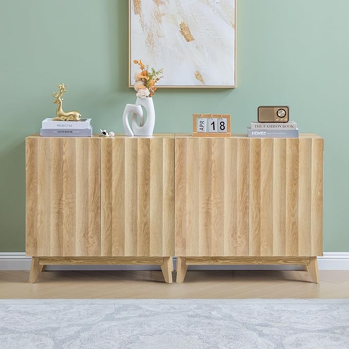 Bifins Sideboard Buffet Cabinet with Storage Set of 3, 92.1" Mid Century Modern Fluted Storage Cabinet with Doors & Adjustable Shelves for Living Room,Kitchen,Entryway (Natural 3pcs)