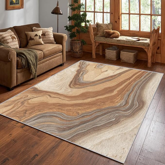 Beige Marble Streak Area Rug, Brown Gray Abstract Pattern Carpet, Washable Non Slip Low Pile Soft Thin, Living Room Bedroom Home Decor Mat 4x5ft