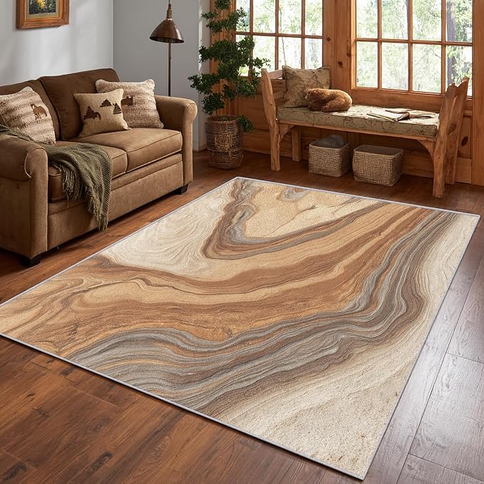 Beige Marble Streak Area Rug, Brown Gray Abstract Pattern Carpet, Washable Non Slip Low Pile Soft Thin, Living Room Bedroom Home Decor Mat 3x4ft(Small)