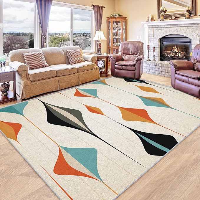 Mid Century Modern Rug 3x4, Washable Retro Geometric Rugs for Living Room Bedroom, Minimalist Area Rug for Home Decor, Non Slip Backing Floor Carpet with Gripper - 3 x 4 ft