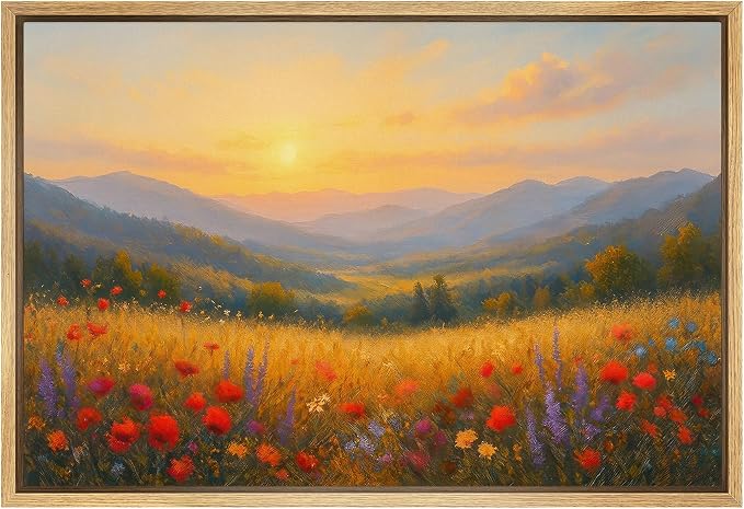 SIGNWIN Framed Canvas Print Wall Art Sunlit Wildflower Valley Bright Sunrise Landscape Decorative Multicolor Colorful Rustic for Living Room, Bedroom, Office - 16"x24" NATURAL