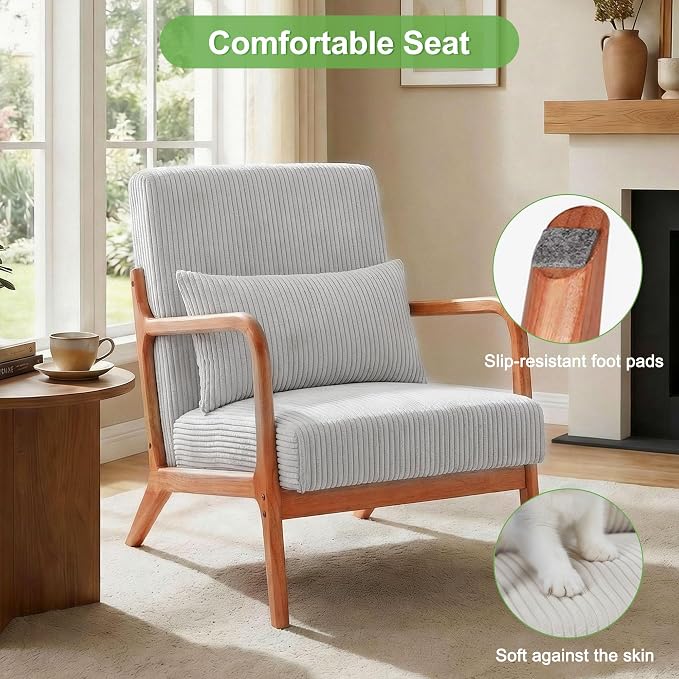 Set of 2 Mid Century Modern Accent Chair with Solid Rubberwood Frame, Comfy Corduroy Reading Armchair with Lumbar Pillow, Compact Lounge Chair for Bedroom, Living Room & Small Spaces