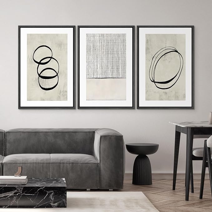 SIGNWIN Framed Canvas Print Wall Art Set Geometric Ring Grid Landscape Graffiti & Street Art Abstract Cozy Neutral Modern Art Decorative Nordic for Living Room, Bedroom, Office - 24"x36"x3 Black