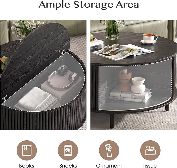 Round Coffee Table with Storage, 31.5" Black Wood Drum Table, Fluted Circle Center Table for Living Room, Modern Mid Century Furniture with Sliding Door