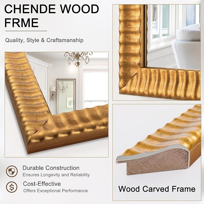 Chende 26" x 54" Large Wall Mirror for Decor, Gold Decorative Mirror with Wave Carved Wood Frame, Decoration for Dining Room, Bedroom, Hallway, Wall Mounted Wood Mirror