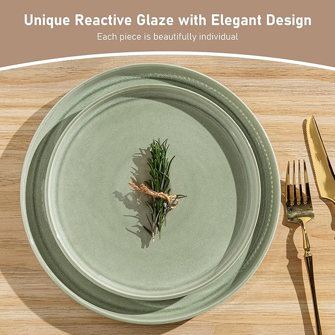 GBHOME 24-Piece Stoneware Dinnerware Set for 8 – Ribbed Ceramic Plates and Bowls, Scratch-Resistant, Microwave & Dishwasher Safe, Reactive Glaze, Light Green