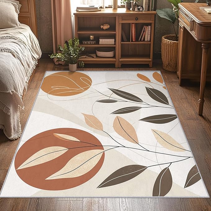 7x9 Abstract Leaves Rugs for Bedroom Decor, Washable Mid Century Modern Pattern Area Rug, Living Room Home Decoration, Non Slip Soft Thin, Modern Botanical Decor Carpet PF-P 117