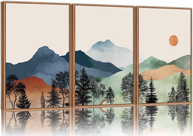 SIGNINART Boho Mountain Framed Canvas Wall Art Set of 3, Watercolor Nature Landscape Art Prints, Modern Sunrise Art Paintings, Green Forest Wall Decor for Living Room, Bedroom, Office 16"x24"x3