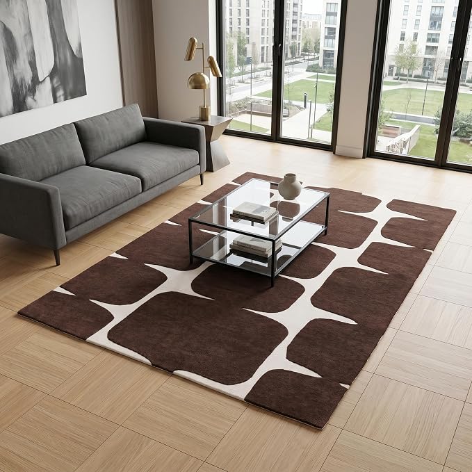 Restoration and Renovation Modern Wool Area Rug - Contemporary Abstract Geometric Design, Thick & Soft Hand-Tufted Carpet - Ideal for Indoor Decor in Living Room, Bedroom (Chocolate Brown, 6' Round)
