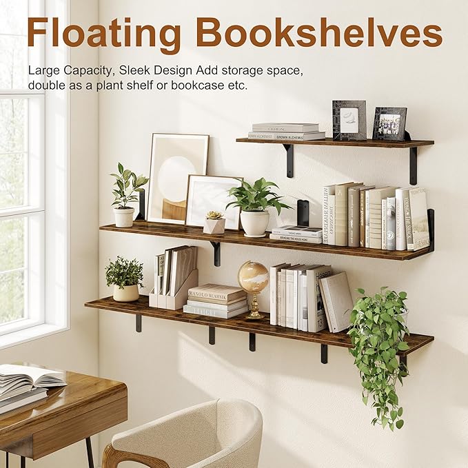 16" W x 12" D Floating Shelves for Wall, 12 Inch Deep Floating Shelf with Visible Bracket, Rustic Wood Bookshelf Wall Mounted, Deep Bathroom Shelves for Storage, Rustic Brown, Set of 2