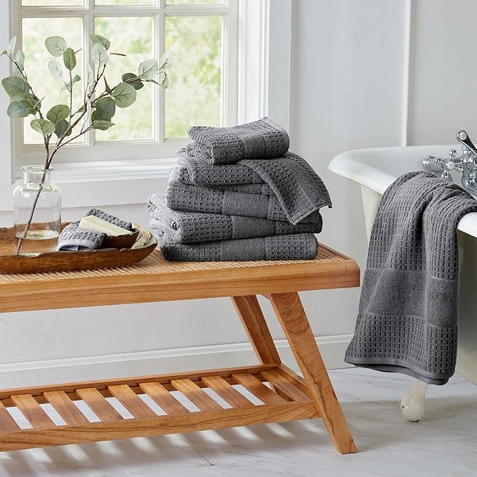 Market & Place 100% Cotton Super Soft Luxury Hand Towel Set | Quick-Dry and Highly Absorbent | Waffle Textured | 550 GSM | Includes 6 Hand Towels | Harper Collection (Dark Grey)
