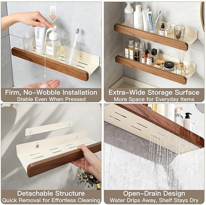 Single White Aluminum & Walnut Bathroom Wall Shelf, 15.75” Long Floating Shelf with 5.31” Deep Storage, Modern Wall Mounted Shelf for Vanity, Sink, Kitchen or Living Room