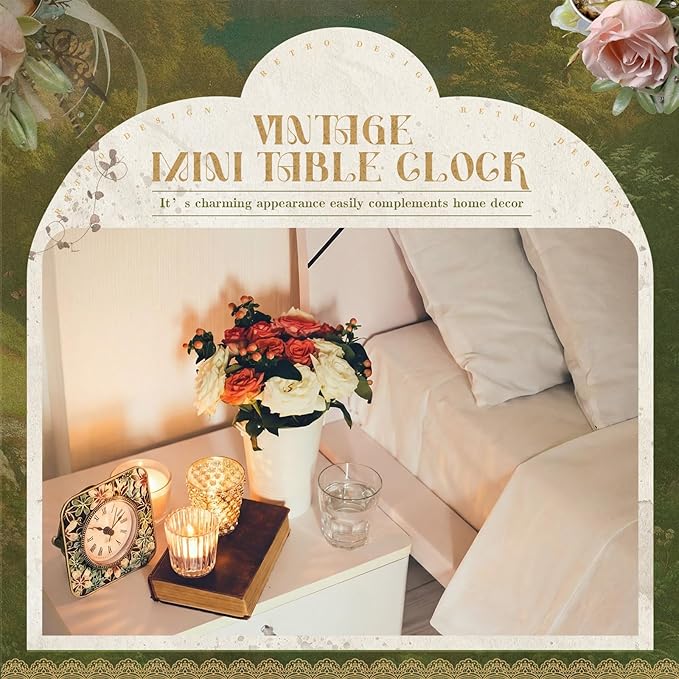 Kenning Vintage Mini Table Clock, 3.5 Inch Small Decorative Metal Non Ticking Analog Quartz Battery Operated Table Top Clock for Living Room Bedroom Bedside Desk Decor(Flower)