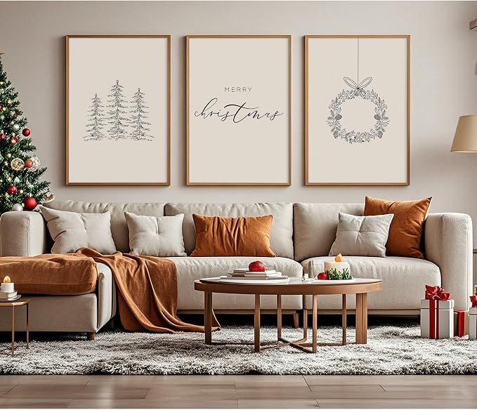 Baccone Christmas Wall Art Winter Xmas Canvas Decor Merry Christmas Wall Art Minimalist Vintage Painting Beige Farmhouse Prints Holiday Poster for Bathroom 12x16x3 Inch Unframed