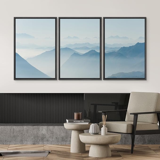 SIGNWIN 3 Piece Framed Canvas Wall Art Blue Sunset Canvas Prints Home Artwork Decoration for Living Room,Bedroom - 24"x36"x3 Black