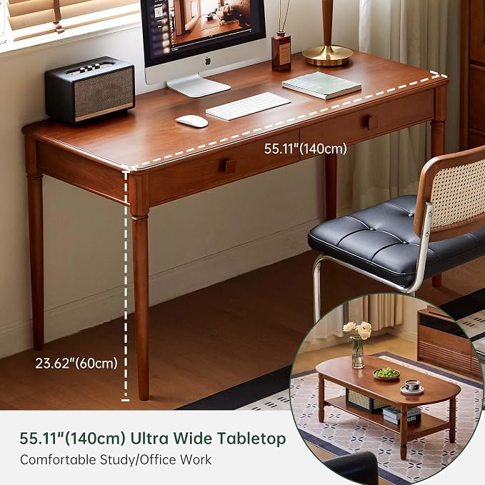100% Solid Wood Desk Home Office Desk Mid Century Modern Writing Computer Desk with Drawer (55.1")