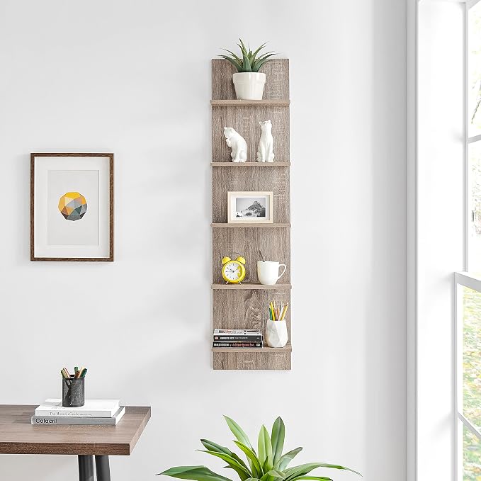 Danya B. Narrow Decorative Wall Mount Vertical Shelving Unit – Modern Column with 5 Shelves Home or Office for Books, Décor Display (Oak)