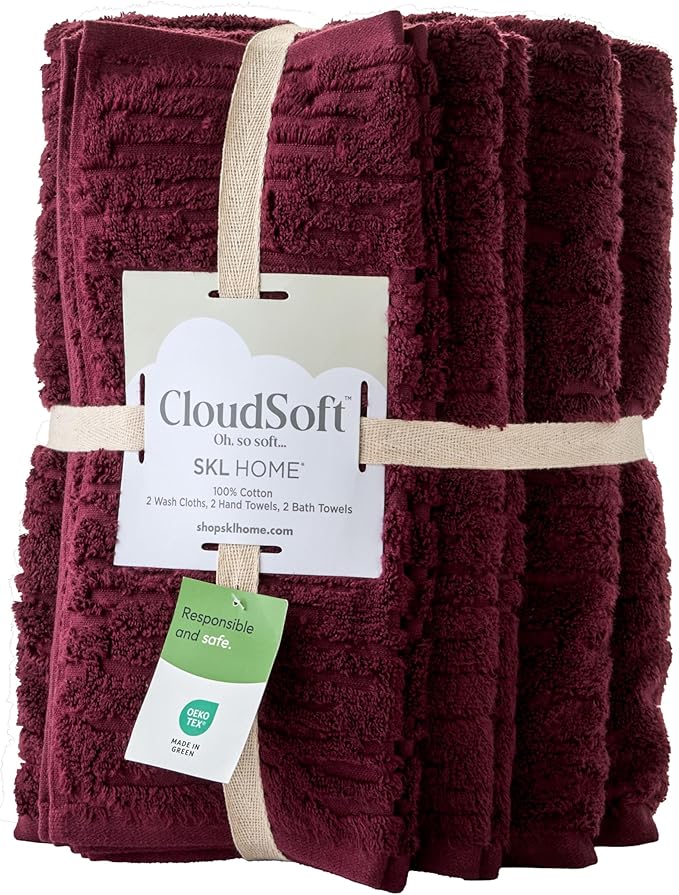 SKL Home CloudSoft 100% Cotton Luxury 6-Piece Towel Set, 600 GSM, Ultra Plush & Absorbent - 2 Bath Towels, 2 Hand Towels, 2 Washcloths, Bordeaux