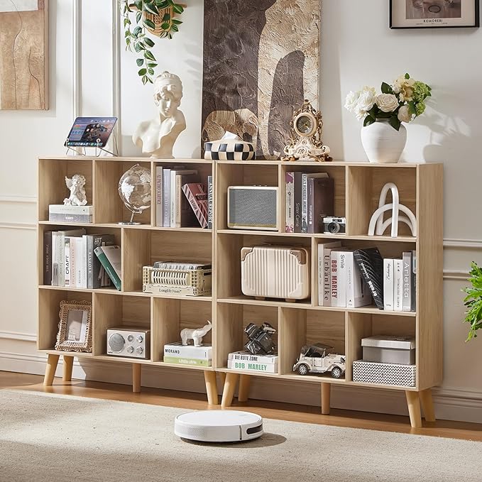 LEYAOYAO 8 Cube Bookshelf,3 Tier Bookcase with Legs,Light Wood Mid-Century Modern Bookshelves,Large Open Storage Organizer Shelf, Wooden Book Case