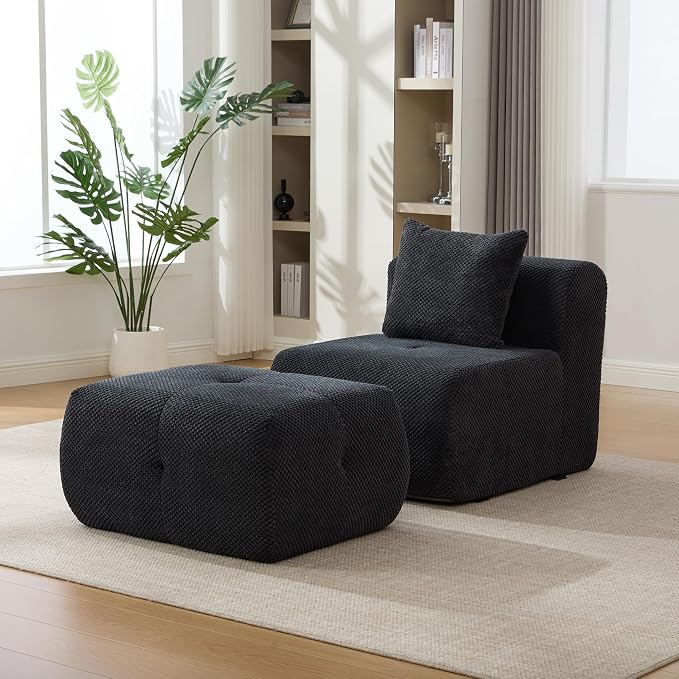 31" Minimalist Style Armless Accent Chair with Ottoman,Modern Boneless Deep Seat Single Sofa with Pillow,Comfortable Chaise Lounge,No Assembly Required for Apartment,Living Room,Charcoal
