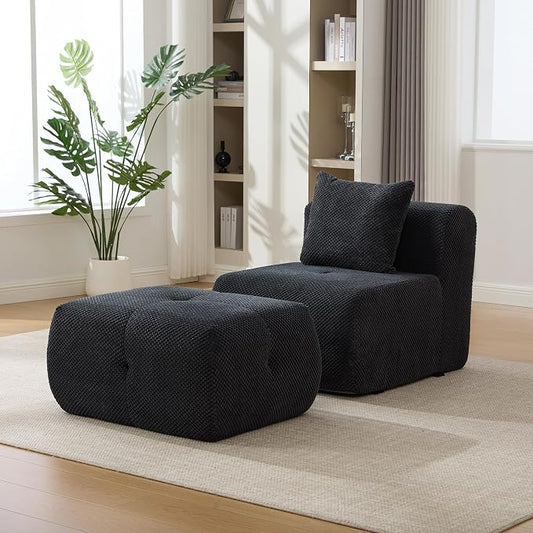 31" Minimalist Style Armless Accent Chair with Ottoman,Modern Boneless Deep Seat Single Sofa with Pillow,Comfortable Chaise Lounge,No Assembly Required for Apartment,Living Room,Charcoal