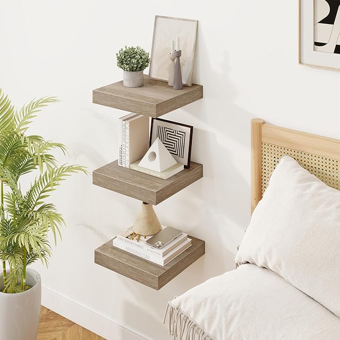 Marsmiles Square Floating Shelves for Wall, 8" W x 8" D x 1.25" H, 3 Pack Small Wall Mounted Engineered Wood Shelves with Invisible Brackets for Living Room, Bedroom, Bathroom, Kitchen Decor, Grey