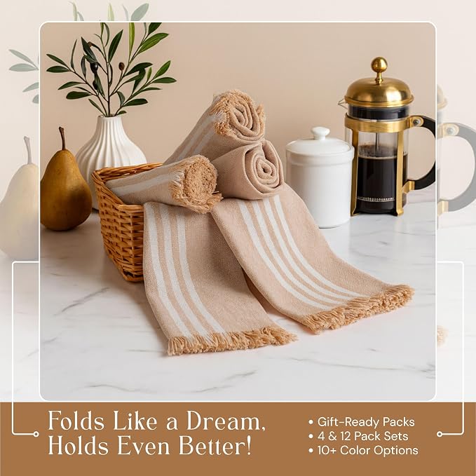 Prewashed Stripe Kitchen Towels 12 Pack, 16x26 Inches, 100% Cotton, Dish Towels for Kitchen Drying, Reusable Tea Towels, Absorbent Wash Cloths, Quick Dry and Machine Washable - Beige