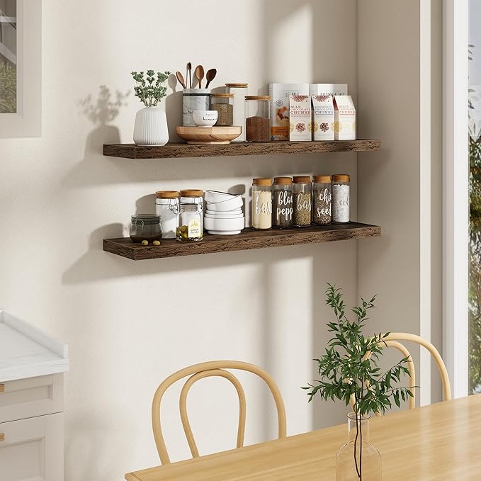 48"W x 9.3"D Floating Shelves for Wall, Wall Mounted Bathroom Shelves 2 Pack Deep Floating Shelf for Bedroom Kitchen Living Room, Rustic Wooden Wall Shelf with Invisible Bracket for Books Decor