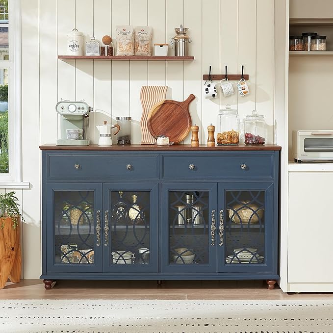 Farmhouse Sideboard Buffet Cabinet with Storage,59" Large Credenza with 4 Glass Doors & 2 Drawers,Adjustable Shelves Console Table,Wood Kitchen Coffee Bar for Dining Room,Living Room,Navy Blue