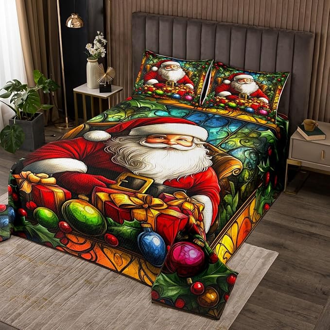 Santa Claus Kids Bedspread Twin Size,Merry Christmas Happy New Year Xmas Coverlet Set,Boys Girls Room Decor,Flowers Leaves Rustic Farmhouse Quilted Coverlet,Red Retro Bedding Quilt,1 Pillowcase
