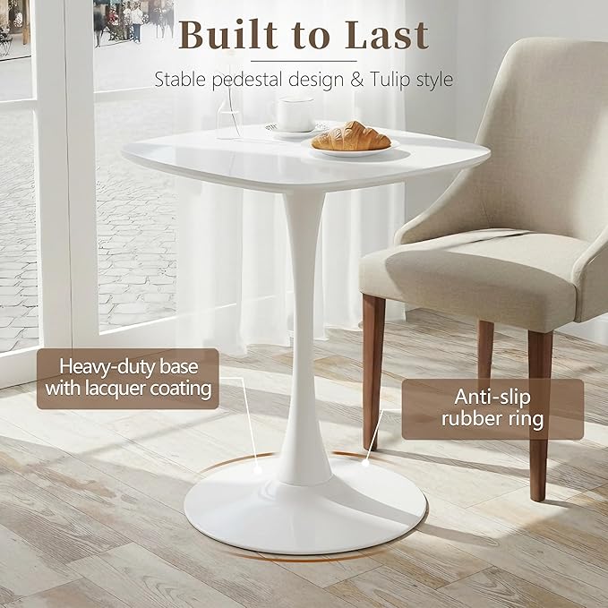White Square Dining Table,24" Tulip Table with Metal Pedestal,15-Minute Quick Assembly,Mid Century Modern Circle Table for Kitchen Small Places Cafe (White)