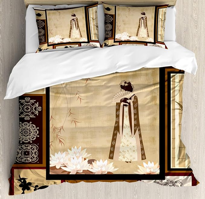 Ambesonne Japanese Duvet Cover Set, Girl in Traditional Dress and Cultural Patterns Ornaments Antique Eastern Collage, Decorative 3 Piece Bedding Set with 2 Pillow Shams, Queen Size, Brown Cream