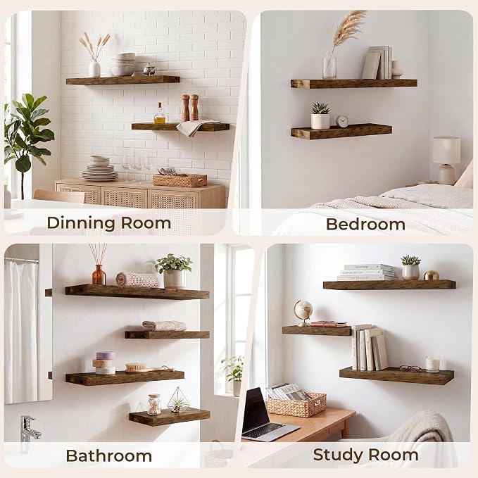 RICHFOCUS 8 Inch Floating Shelves for Wall Small Square Shelves Set for Bedroom|Kitchen|Bathroom|Wall Mounted Rustic Wood Floating Shelf with Invisible Brackets for Books|Storage|Decor, Rustic Brown