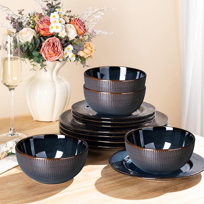 GBHOME Ceramic Dinnerware Sets,12 pcs Embossed Elegant Stoneware Plates and Bowls Sets, Housewarming Wedding Gift | Dishwasher & Microwave Safe | Dishes Set Service for 4