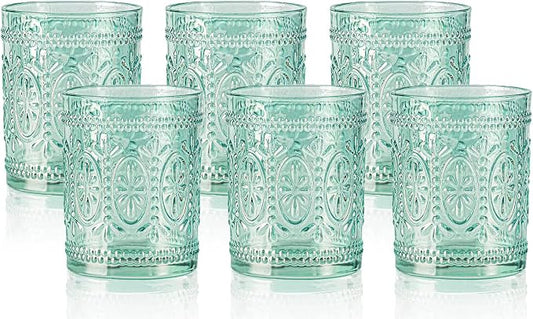 Darlion 6 Pack Green Vintage Glassware Set, 10oz Textured Embossed Drinking Glasses, Colored Water Glasses, Green Glass Cups for Juice, Cocktails, Beer, Iced Tea, Soda