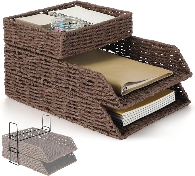 Geelin 3 Pack Paper Rope Woven Stackable Desk Organizer Letter Tray, Brown Tabletop Desk Basket for Storage Paper Letter Folders Notebooks Copy Print, Workspace Holder