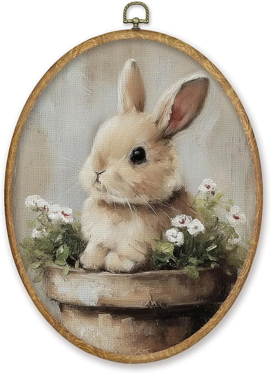 CGBHW Vintage Floral Easter Bunny Oval Wall Art Decor, Rustic Easter Canvas Prints Framed, Cottagecore Flower Rabbit Wall Art Hanging Decor for ome Bedroom Home Kitchen Living Room, 8.6x11.4 Inch