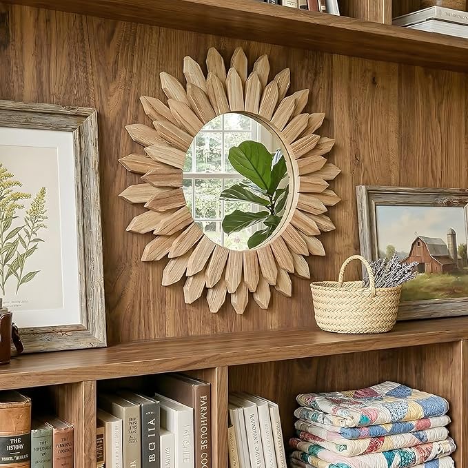 28 Inch Brown Boho Wall Decor Sunburst Mirror - Round Wooden Wall Decor, Handmade Rustic Circular Mirror for Living Room, Bedroom, Entryway, Office