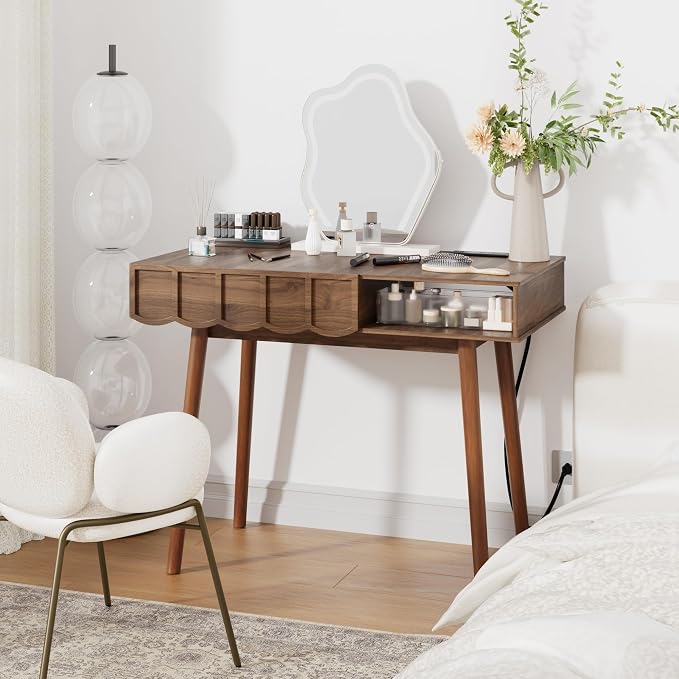 Mid-Century Modern Small Desk, 43" Walnut Writing Desk Computer Laptop Wooden Desks with Open Shelves & Drawer, Elegant Vanity Table Compact Home Office Desk for Study Bedroom Living Room
