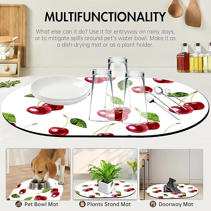 Bathroom Rug Mat Watercolor Red Cherry Oval Bath Mat Doormat Absorbent Quick Dry Non Slip Diatom Mud Mat for Shower Tub Sink Laundry Kitchen Doorway 23.6x15.7 Inches